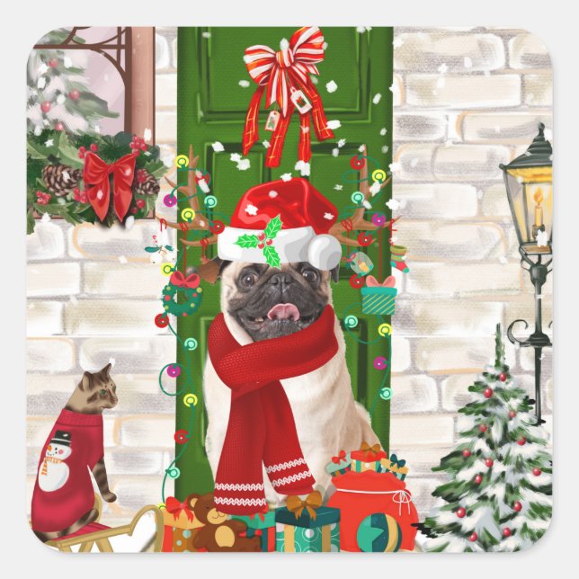 Adesivo Quadrado Pug Dog Christmas (Frente)