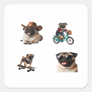Adesivo Quadrado Pug Dog Funny 4 Pack Stickers