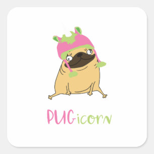 Adesivo Quadrado Pug engraçado do unicórnio de Pugicorn
