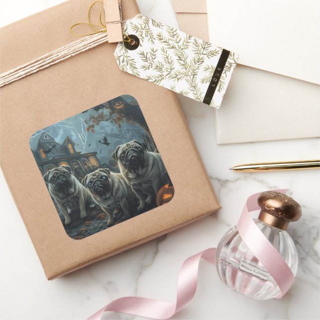 Adesivo Quadrado Pug Halloween - Doggy Noite Delight (Presentear)