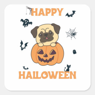 Adesivo Quadrado Pug In Pumpkin Sweet Dogs Happy Halloween