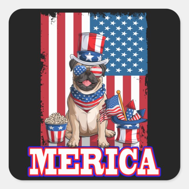 Adesivo Quadrado Pug Pai Mãe 4 De Julho Bandeira Americana Merica (Frente)
