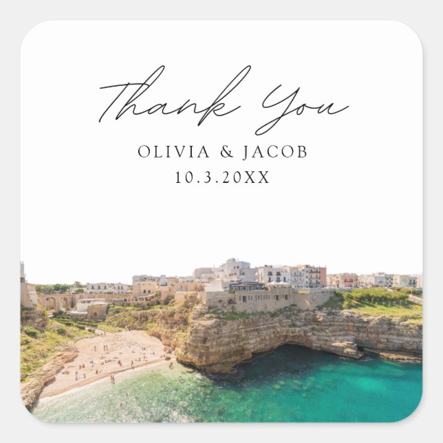 Adesivo Quadrado Puglia Wedding Destination Favor Obrigado (Frente)
