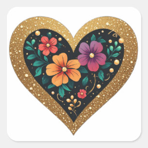 Adesivo Quadrado 💖 Pulseira Floral de Coração com Pérolas Ideia de
