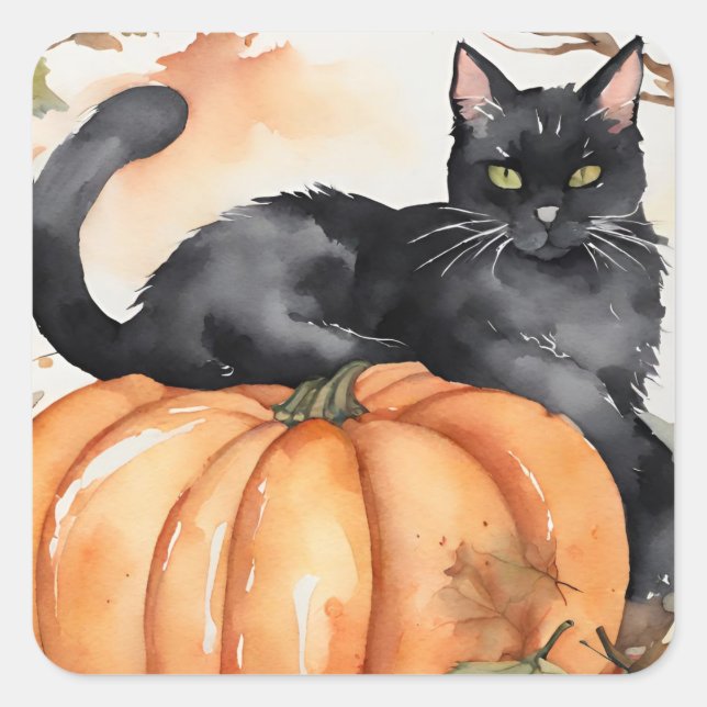 Adesivo Quadrado Pumpkin and Black Cat Fall Halloween Sticker (Frente)