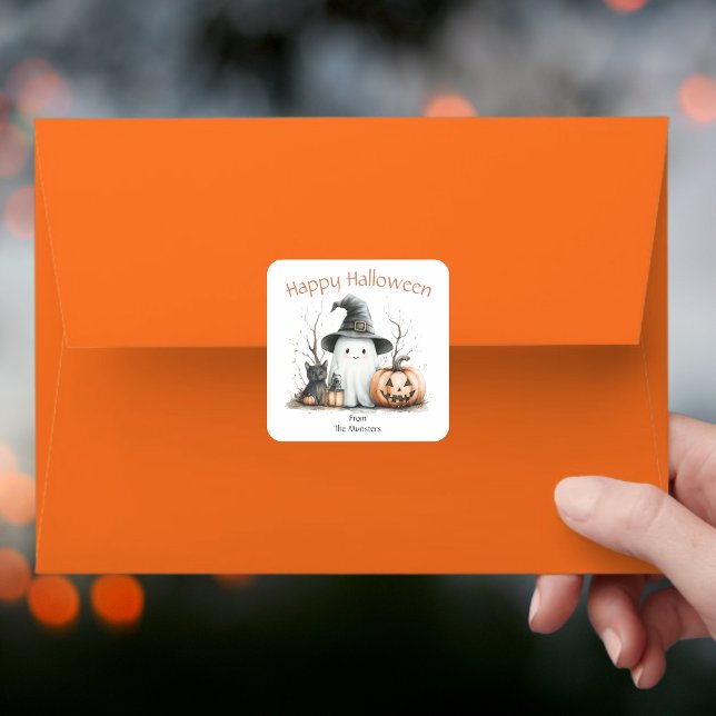 Adesivo Quadrado Pumpkin Black Cat Ghost Watercolor Happy Halloween (Criador carregado)