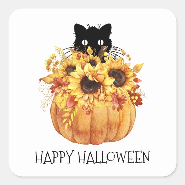 Adesivo Quadrado Pumpkin Black Cat Halloween Papel Placa Napkins (Frente)