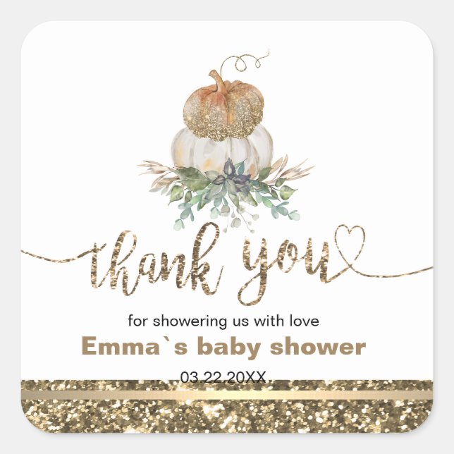 Adesivo Quadrado Pumpkin branco e Dourado Obrigado (Frente)