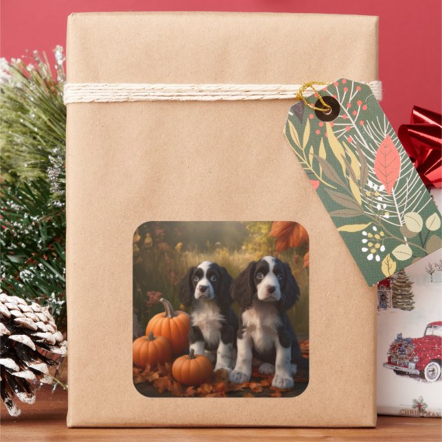 Adesivo Quadrado Pumpkin de Delícia de outono de Springer Spaniel (Feriado)
