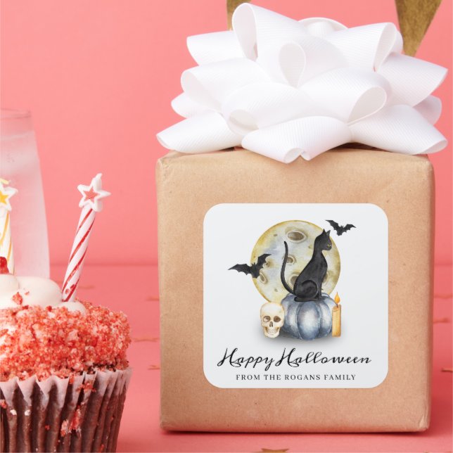 Adesivo Quadrado Pumpkin de Gato de Feliz Halloween (Festa)