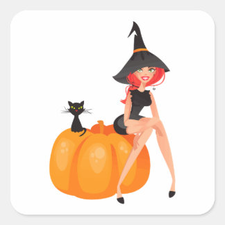 Adesivo Quadrado Pumpkin e Gato Negro da Bruxa do Halloween