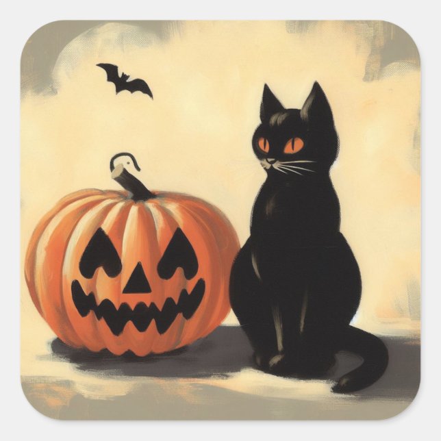 Adesivo Quadrado Pumpkin e Gato Preto do Halloween (Frente)