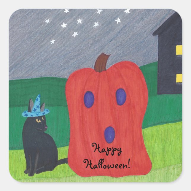 Adesivo Quadrado Pumpkin Ghost and Wizard Cat Halloween Stickers (Frente)