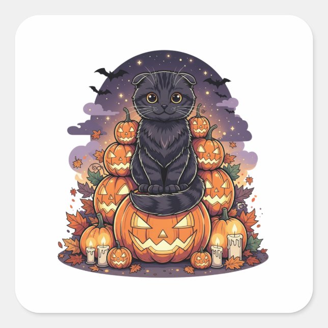 Adesivo Quadrado Pumpkin King Fold - Scottish Fold Cat Halloween (Frente)