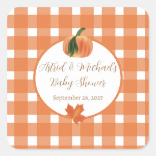Adesivo Quadrado Pumpkin Orange Gingham Fall Chá de fraldas