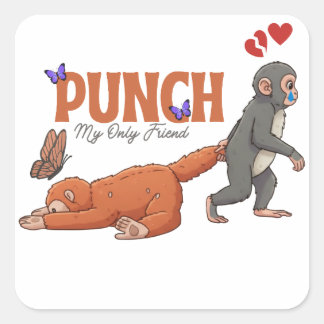Adesivo Quadrado ‏Punch‑kun & Plush Monkey – Kawaii para Crianças