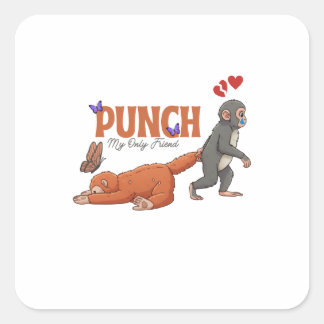 Adesivo Quadrado ‏Punch‑kun & Plush Monkey – Kawaii para Crianças