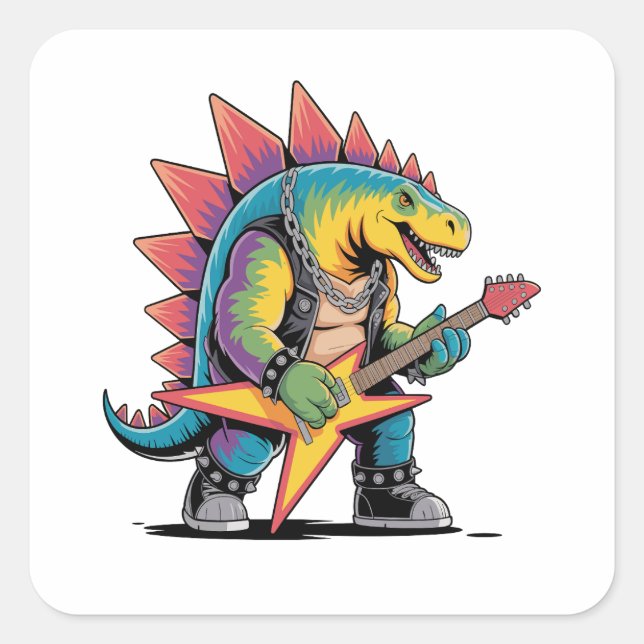 Adesivo Quadrado Punk Rock Stegosaurus Dinossaur Tocando Violão (Frente)