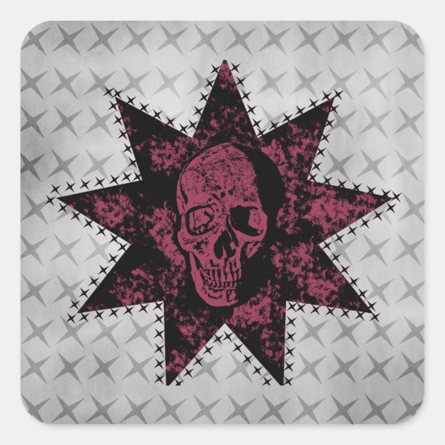 Adesivo Quadrado Punk Skull Square Stickers, Preto e Rosa Escuro (Frente)