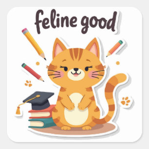 Adesivo Quadrado Punny 'Feline Good' De Volta Para O Gato Da Escola