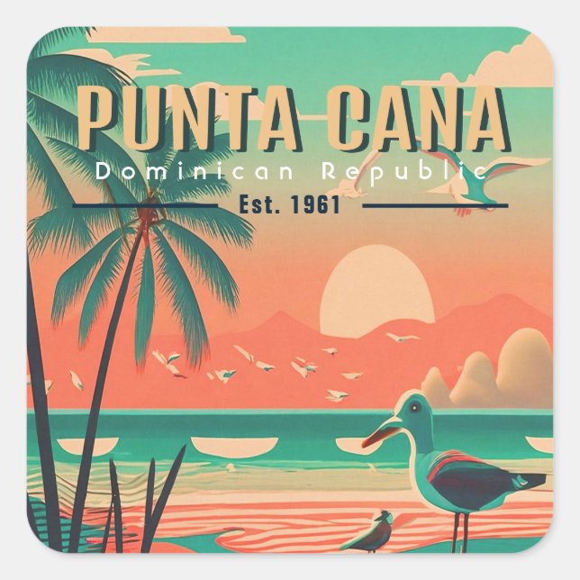 Adesivo Quadrado Punta Cana DR. Retro Seagull Souvenir 1950 (Frente)