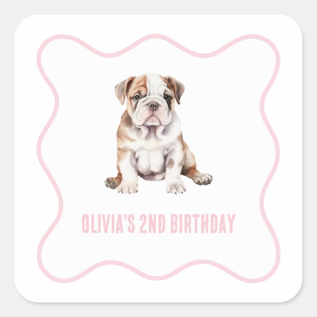 Adesivo Quadrado Puppy bulldog preppy pink plaid birthday (Frente)