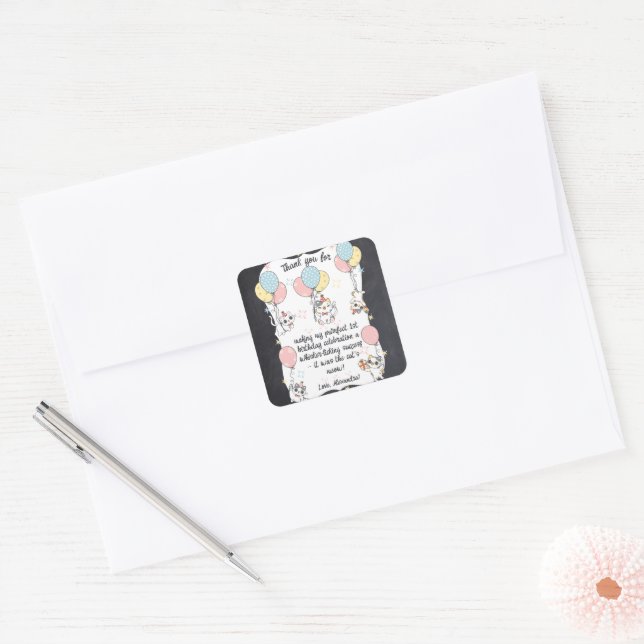 Adesivo Quadrado Puramente-Fez Um: primeiro aniversario de Tema Cat (Envelope)