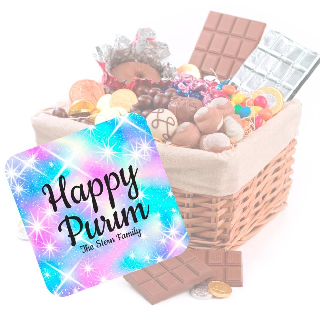 Adesivo Quadrado Purim Feliz de Pastel Mishloach Manot Sparkle Pers (Criador carregado)