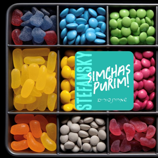 Adesivo Quadrado Purim Feliz Trendy Mishloach Manot Label em Teal (Criador carregado)