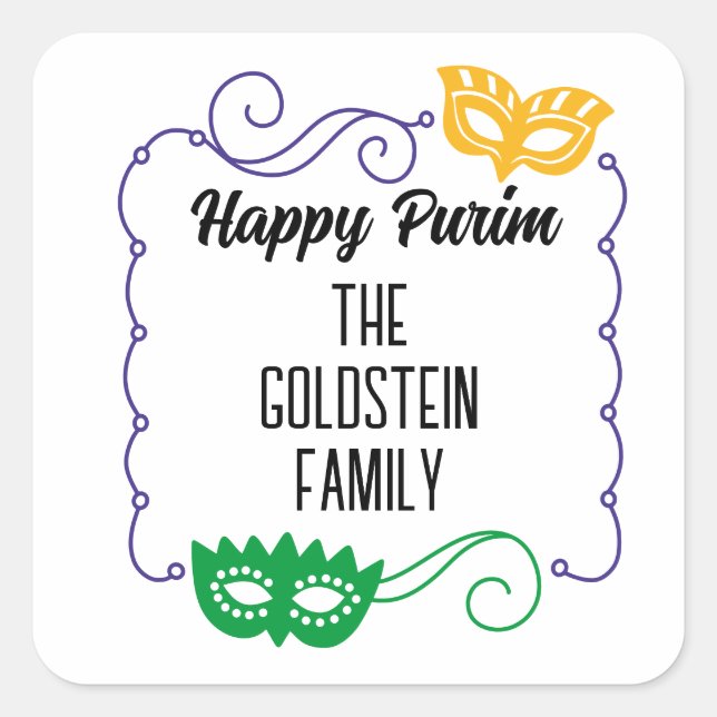 Adesivo Quadrado Purim mask masquerade costume Mishloach Manot (Frente)