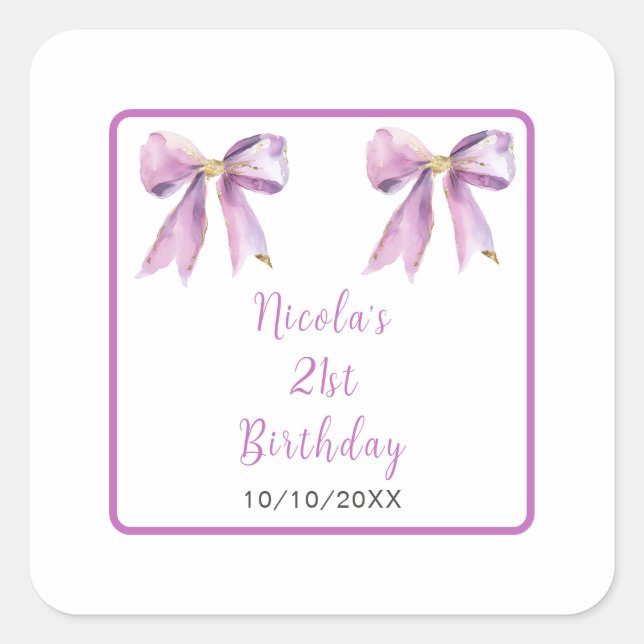 Adesivo Quadrado Purple Coquette Bow Birthday Party (Frente)