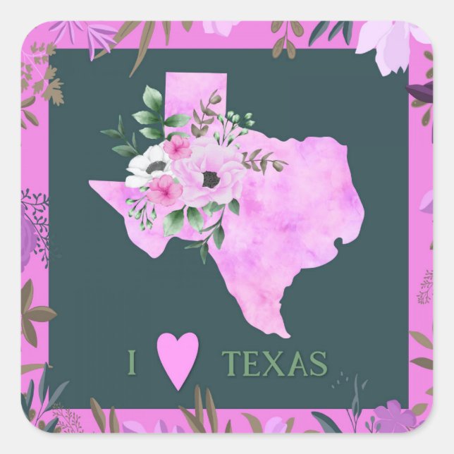 Adesivo Quadrado Purple Floral I Love Texas State Map (Frente)