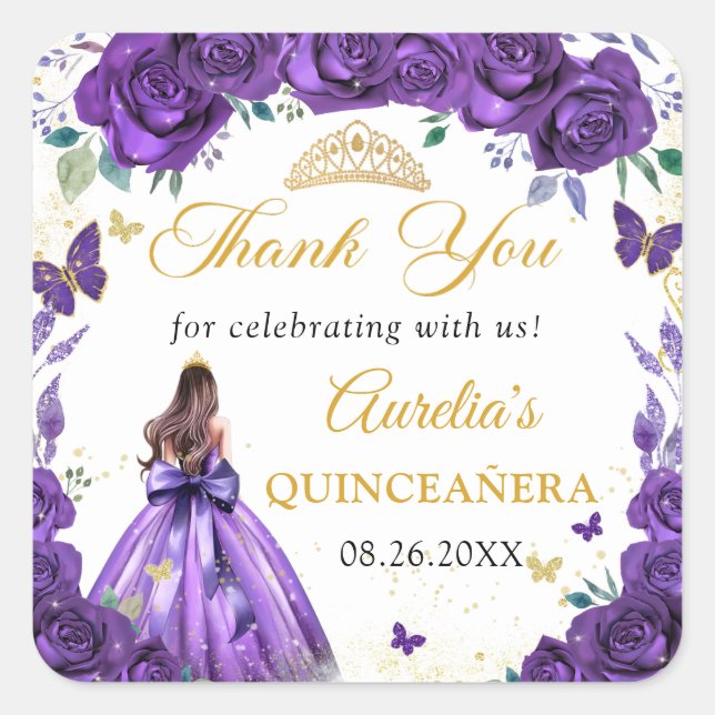 Adesivo Quadrado Purple Floral Quinceañera Princess Sticker (Frente)