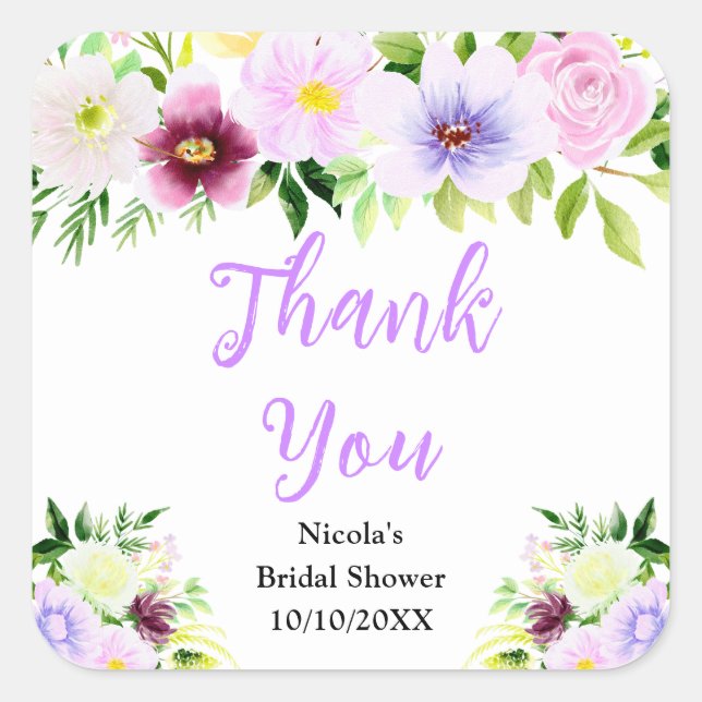 Adesivo Quadrado Purple Flowers and Foliage Bridal Shower Thank You (Frente)