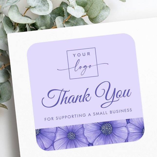 Adesivo Quadrado Purple flowers floral border business thank you (Purple flowers floral border business thank you square sticker)