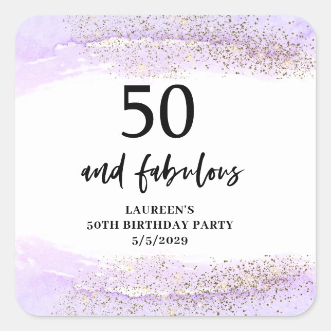 Adesivo Quadrado Purple Glitter Purple 50th Birthday Party  (Frente)