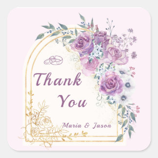 Adesivo Quadrado Purple Gold Floral Wedding Thank You Sticker
