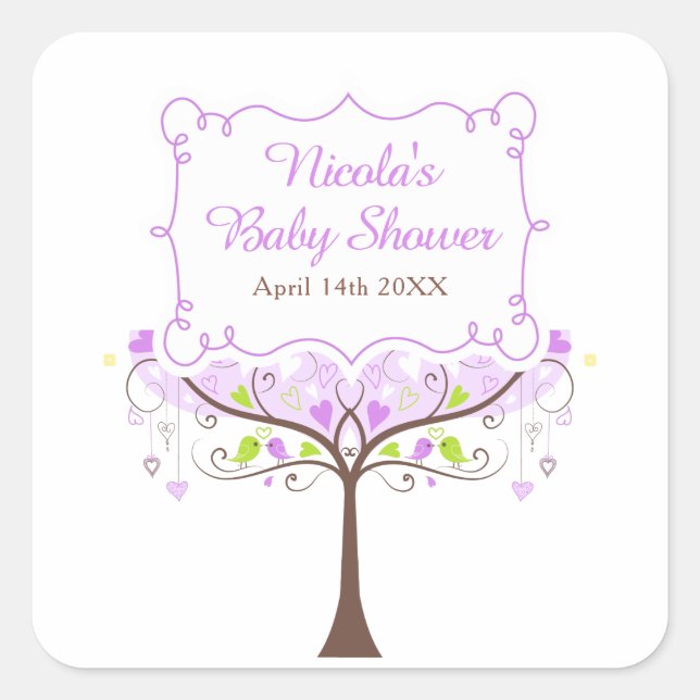 Adesivo Quadrado Purple & Green Floral Bird Baby Shower  (Frente)