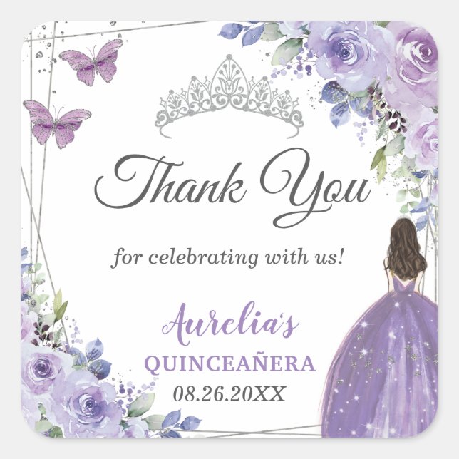 Adesivo Quadrado Purple Lilac Floral Silver Princess Quinceañera (Frente)