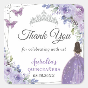Adesivo Quadrado Purple Lilac Floral Silver Princess Quinceañera