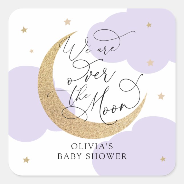 Adesivo Quadrado Purple Over the Moon Baby Shower (Frente)