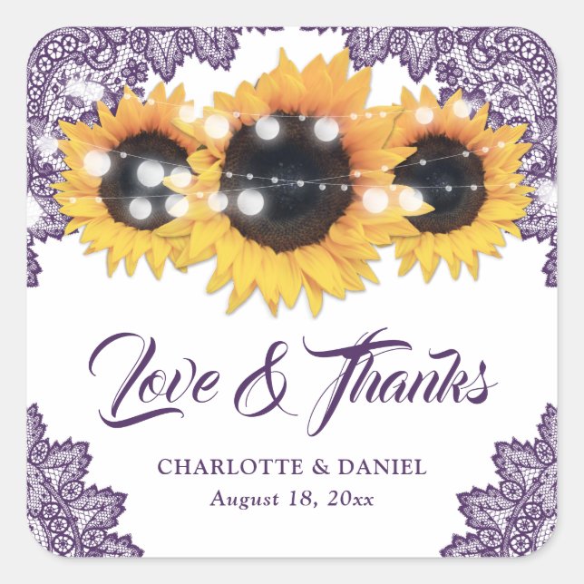 Adesivo Quadrado Purple Rustic Sunflower Wedding Thank You (Frente)