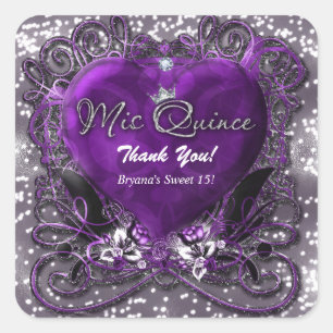 Adesivo Quadrado Purple & Silver Heart Sparkle Mis Quince 15 Party