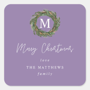 Adesivo Quadrado Purple Wreath Monograma Feliz Presente de Natal