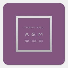 Adesivo Quadrado Púrpura de Casamento de Prata de Obrigado monogram