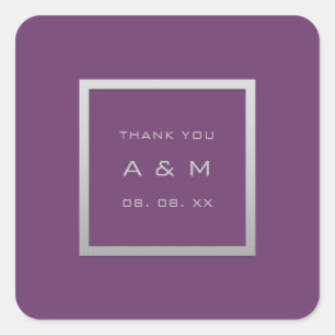 Adesivo Quadrado Púrpura de Casamento de Prata de Obrigado monogram
