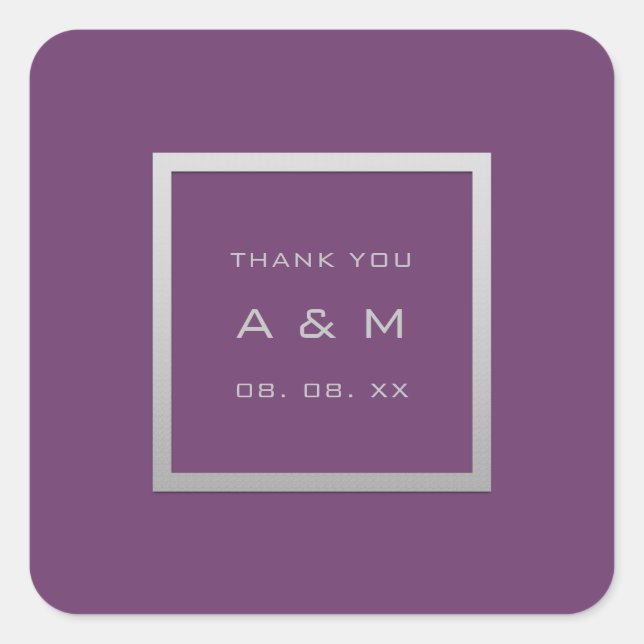 Adesivo Quadrado Púrpura de Casamento de Prata de Obrigado monogram (Frente)