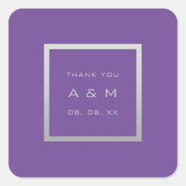 Adesivo Quadrado Púrpura de Casamento de Prata de Obrigado monogram