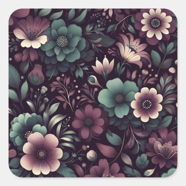Adesivo Quadrado Púrpura Escura e Flores Verdes (Frente)