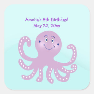 Adesivo Quadrado Púrpura Octopus Birthday SQUARE Favor Sticker